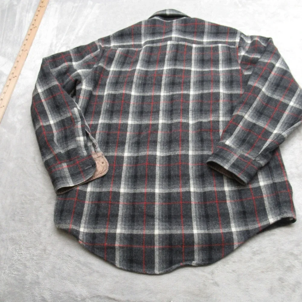 Sears Roebuck Shirt Mens Medium Gray Plaid Red Stripe Button‎ Wool Blend VTG 70s